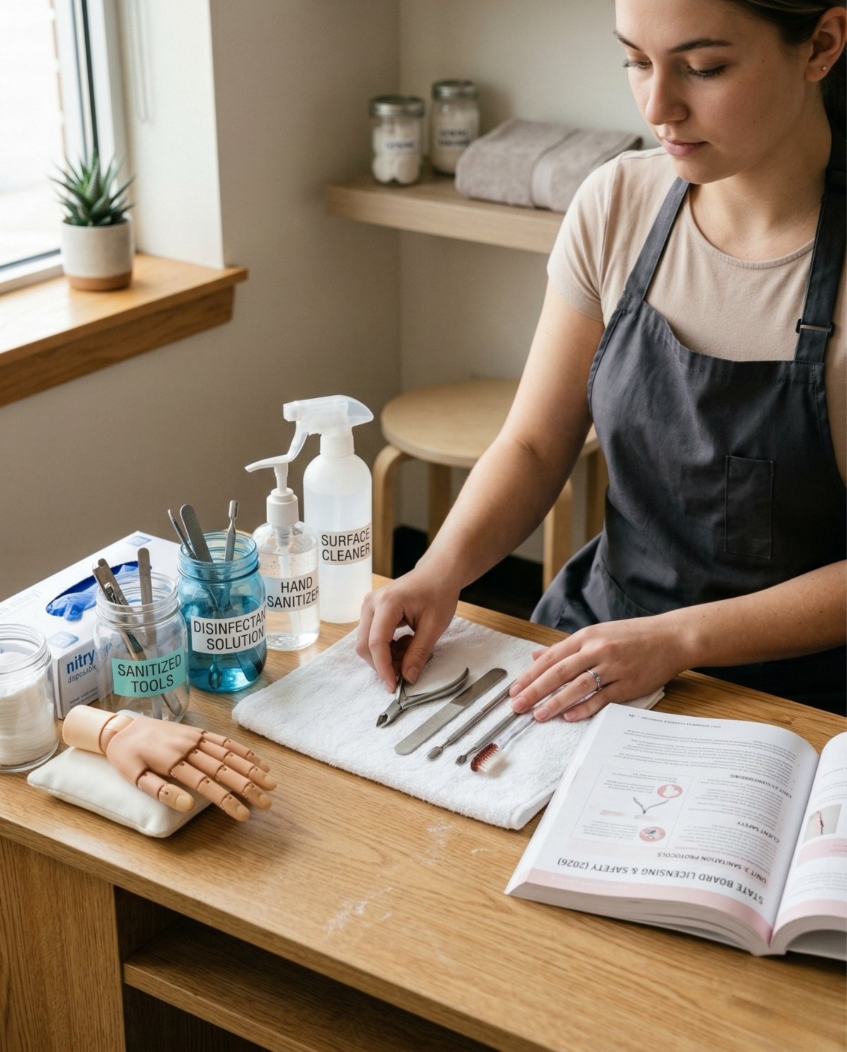 A seated woman in a grey apron meticulously arranges various metal manicuring tools like clippers, files, and pushers on a clean white towel atop a wooden desk. Her hands select the implements. On the table are clearly labeled bottles of 'SURFACE CLEANER', 'HAND SANITIZER', 'DISINFECTANT SOLUTION', and a jar for 'SANITIZED TOOLS', along with a box of blue nitryl gloves and an articulated training hand model on a cushion. A textbook with partially visible text related to licensing and safety guides is open, illuminated by natural light from a window.