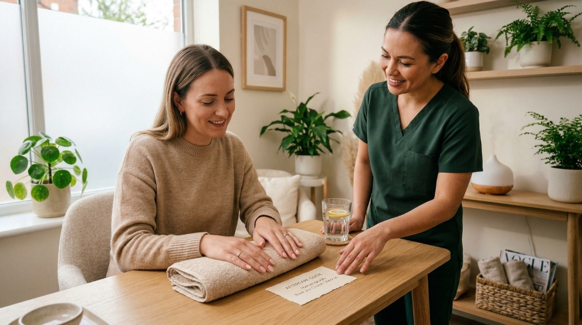 A professional nail technician in green scrubs reviews an aftercare card with a client who has natural nails in a sunlit wooden salon.