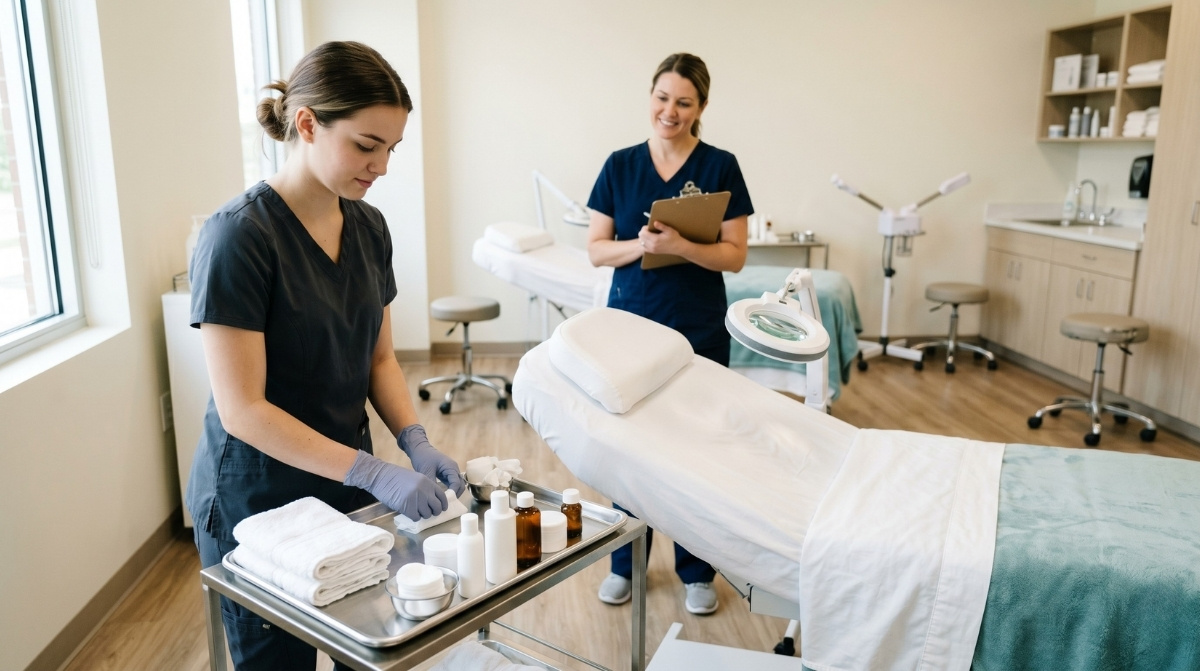 An esthetics student in dark scrubs prepares a treatment cart next to a professional bed while a supervisor observes in a bright clinic.