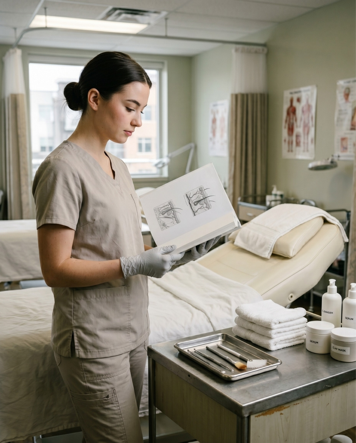 An esthetics student wearing neutral scrubs and gloves studies a textbook with skin anatomy diagrams next to a professional treatment bed and a tray of facial tools.