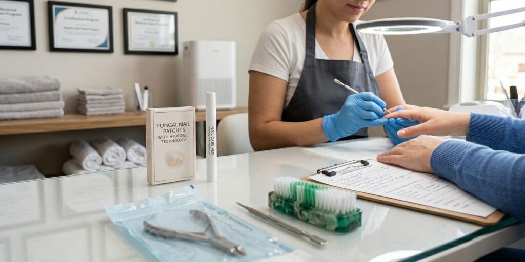 A professional nail technician wearing blue gloves performs a service at a clean workstation featuring sterilized tools and advanced nail aftercare products.