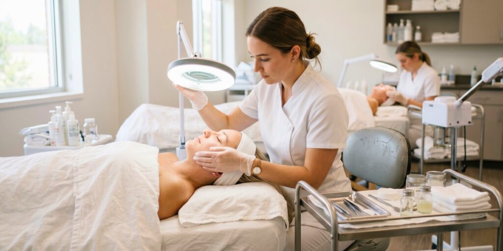 An esthetics student wears a white uniform while examining a client's face under a bright magnifying lamp in a modern training facility.