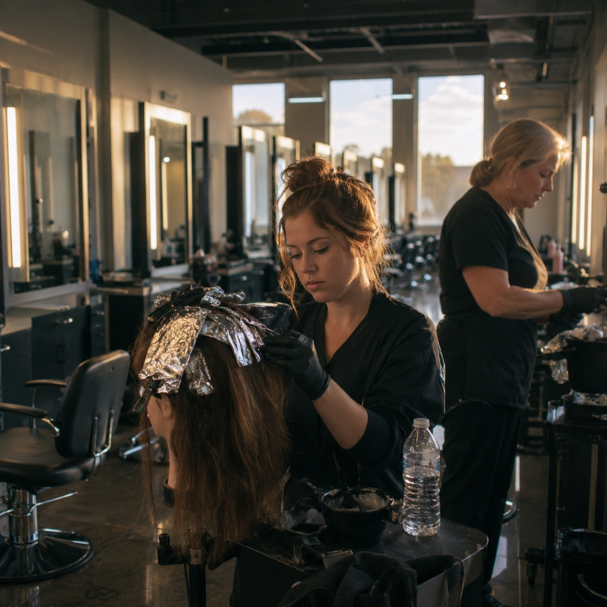 Cosmetology student practices foil placement on a mannequin during a quiet evening make-up session with an instructor nearby.