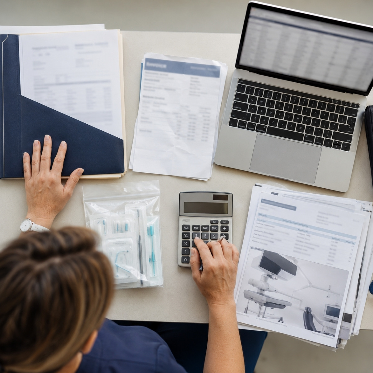 Dentist using a calculator beside insurance documents, training expenses, sealed supplies, and a blurred financial spreadsheet.