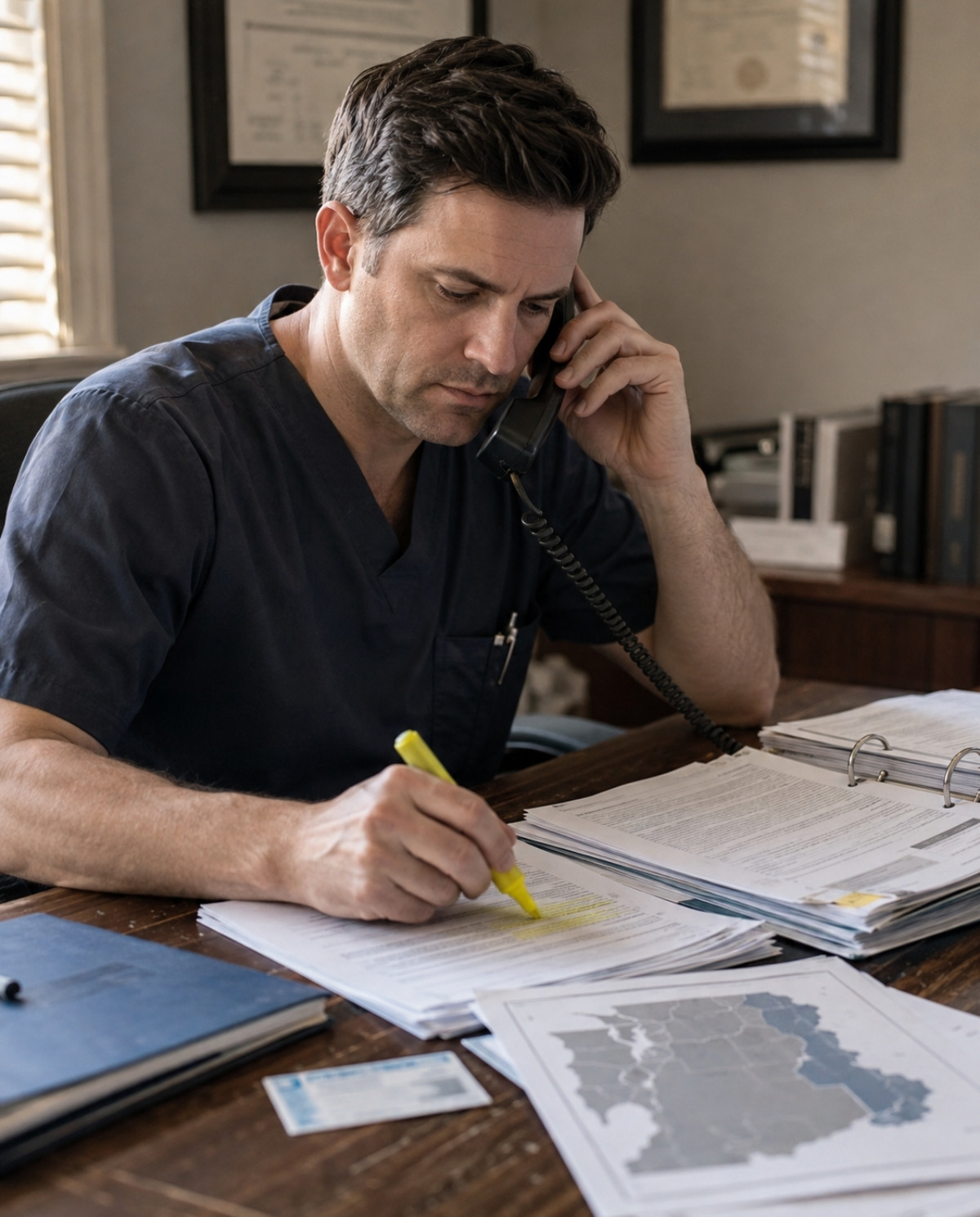 Dentist speaking with a regulatory office while reviewing a state map, license materials, and legal reference documents.