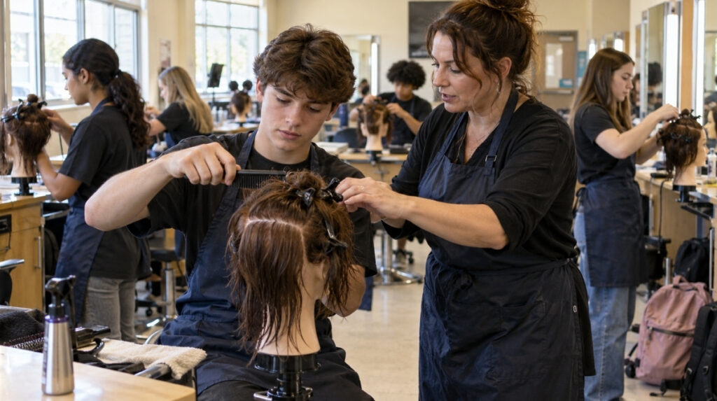 High school students practice comb control on training mannequins while an adult teacher demonstrates cosmetology techniques in a vocational classroom.