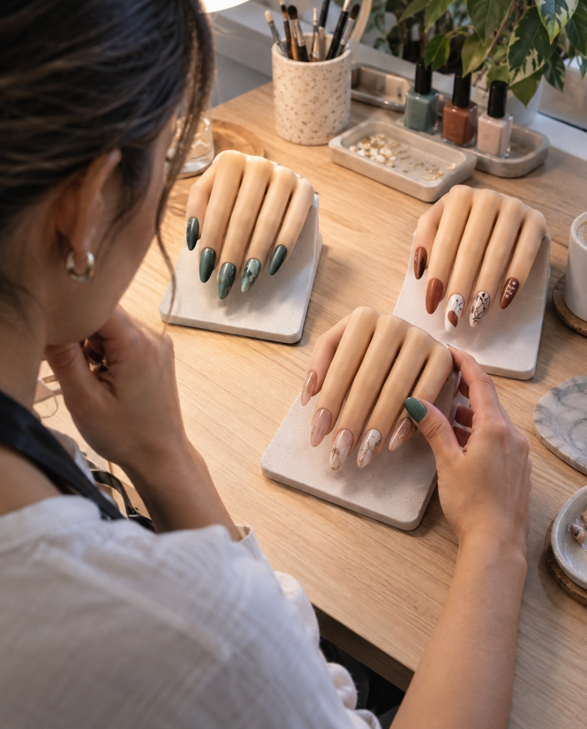 Nail technician reviewing three manicure collections on practice hands and selecting a natural neutral design to represent her professional specialty.
