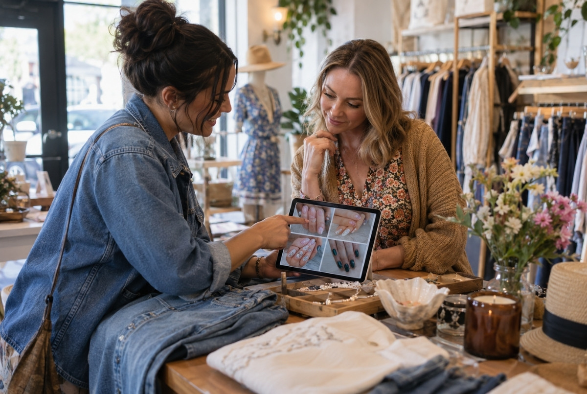 Nail technician showing seasonal manicure photographs to a clothing boutique owner during a collaborative conversation beside apparel and accessories.