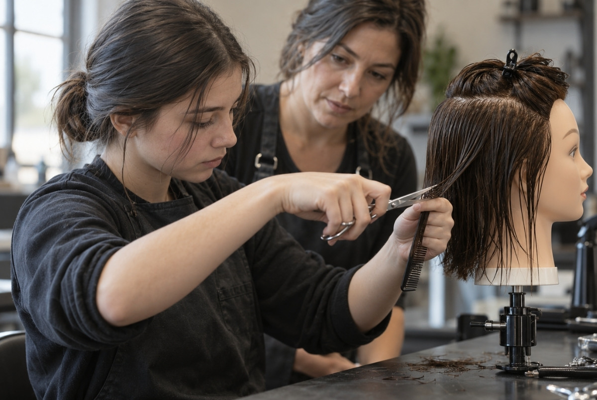 Teen cosmetology student practices a controlled haircut on a mannequin while an instructor observes her comb and shear positioning.