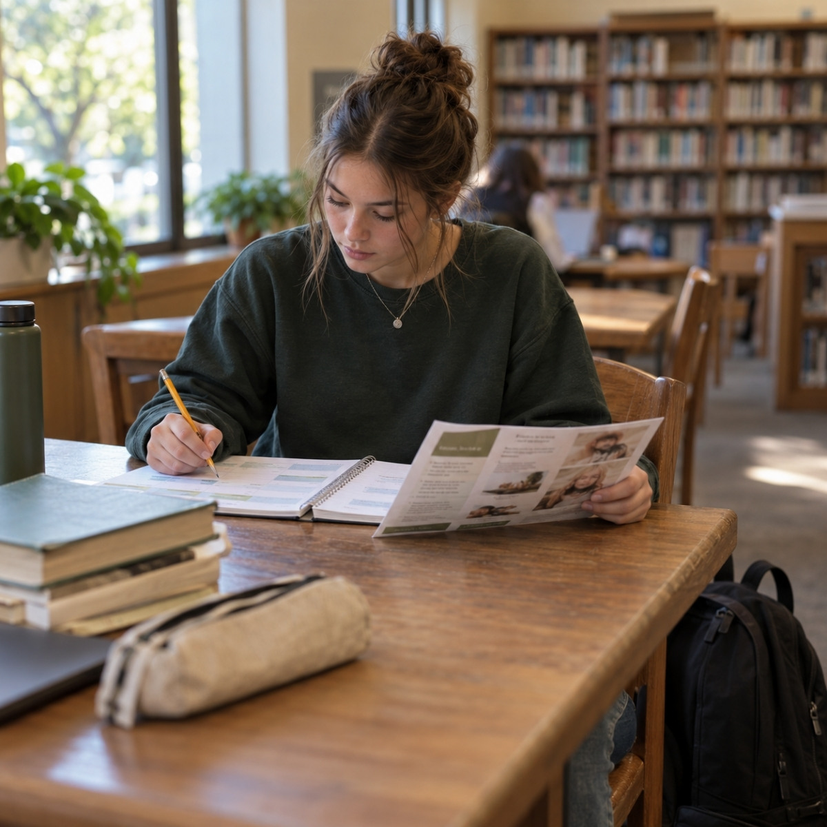 High school student compares an academic course planner with cosmetology program information while taking notes at a library table.