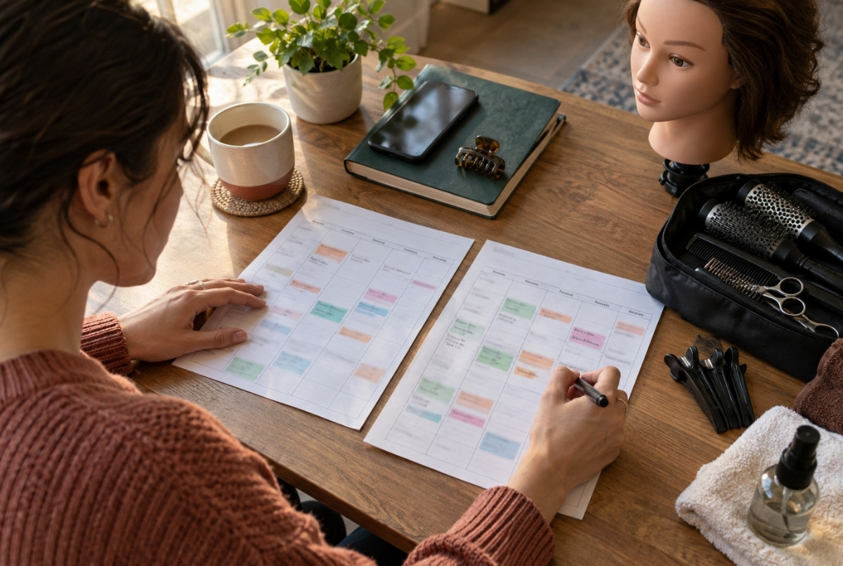 Prospective cosmetologist comparing weekly training schedules beside a mannequin head and compact salon kit at a home workspace.