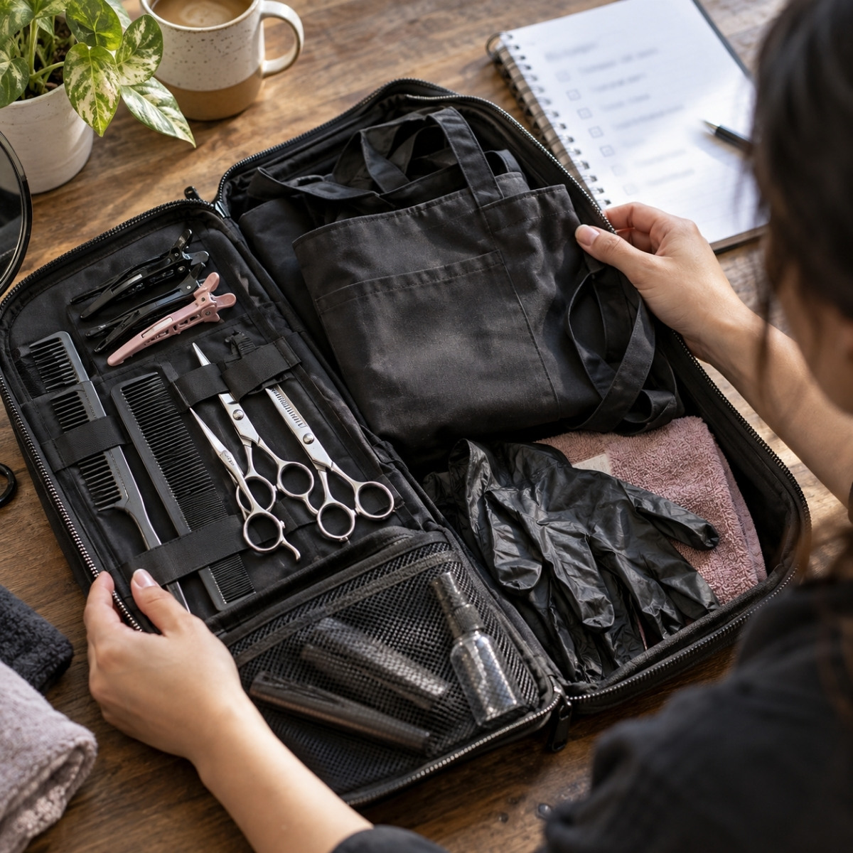 Learner examining an open cosmetology kit containing shears, combs, clips, an apron, and protective gloves beside a budget checklist.