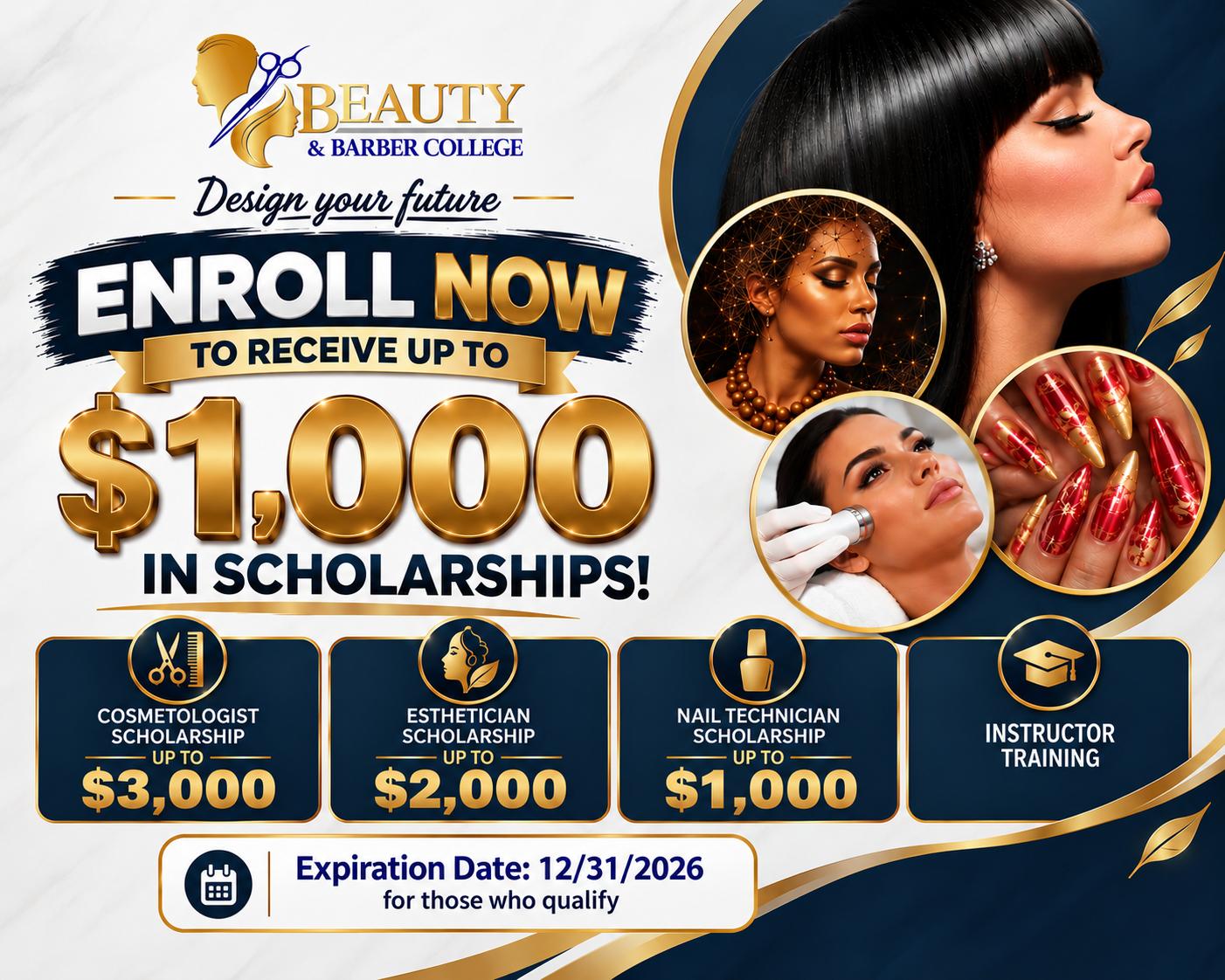 <h2 style="text-align: center;">GET UP TO $3.000 IN SCHOLARSHIPS!<br />
<span style="color: #a60808;"><em>Start Your Beauty Career Today</em></span></h2>
